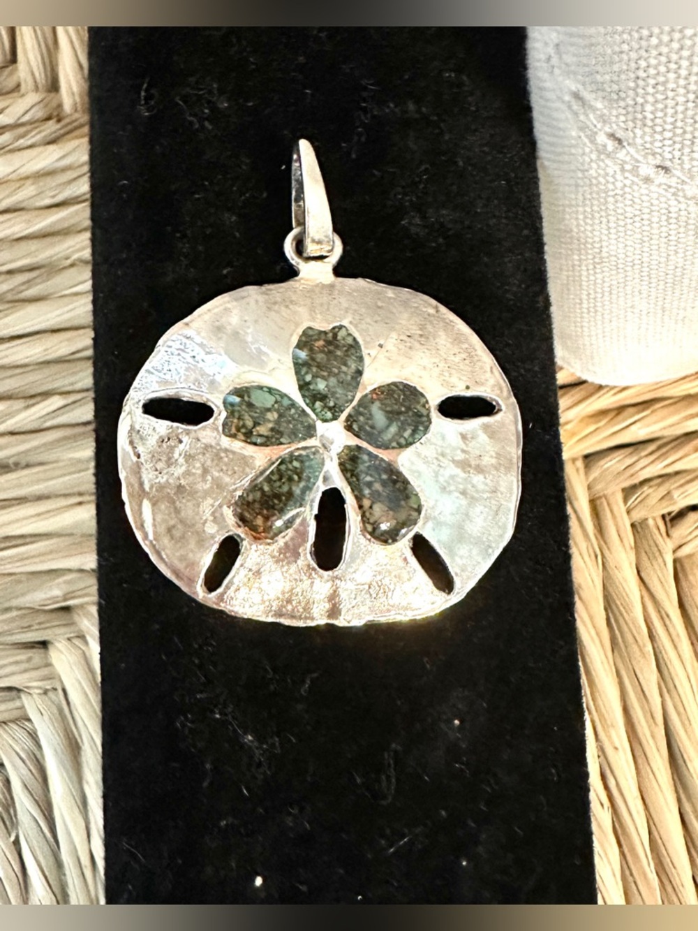 Silver Sand Dollar Pendant with Green Turquoise Inlay - Women Jewelry